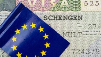 Schengen visa shown with the Schengen flag