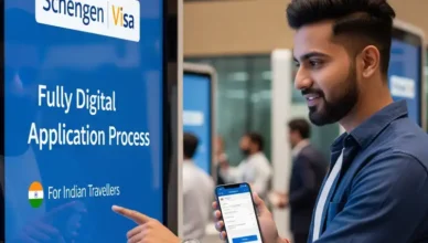 A man using a digital kiosk for a Schengen Visa application