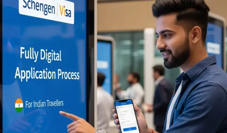 A man using a digital kiosk for a Schengen Visa application