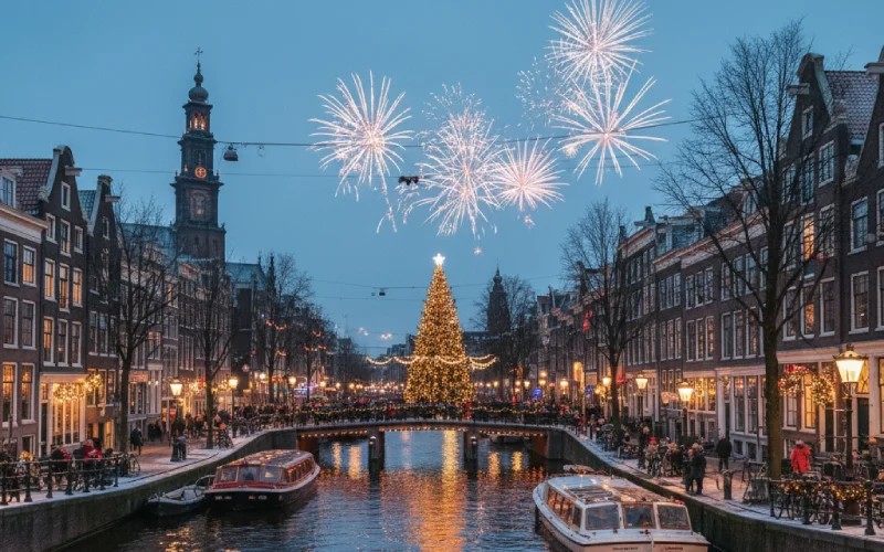Christmas tree and fireworks over Amsterdam canal