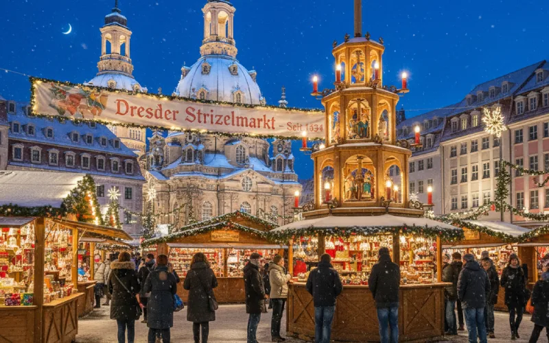 Dresden Christmas market in snowy night