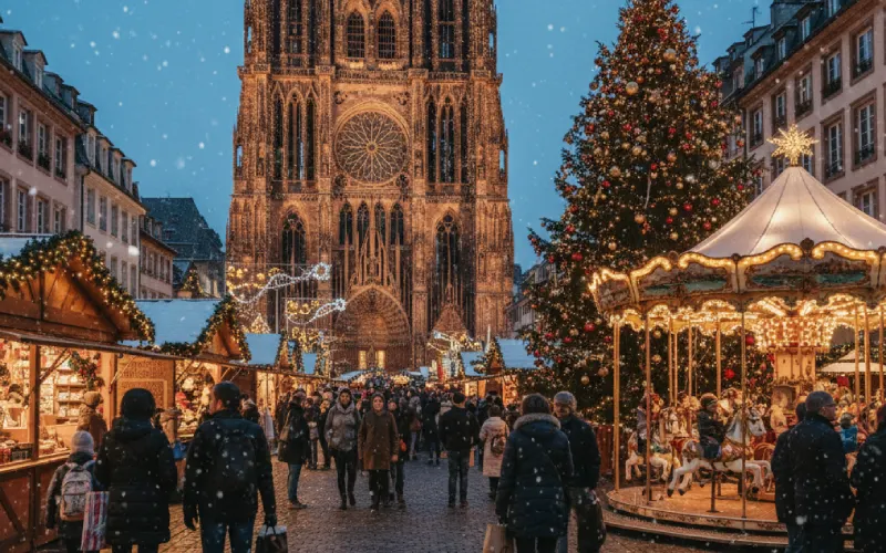 Christmas market in front of Strasbourg Cathedral with festive lights