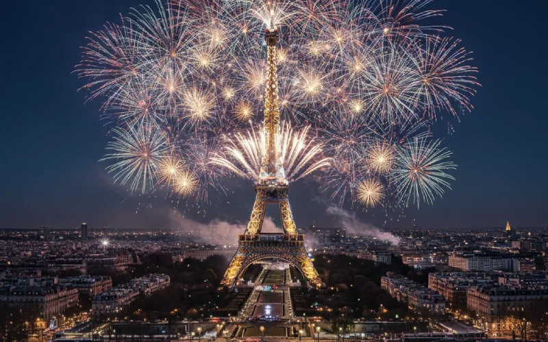 Fireworks in Eiffel Tower during New Year’s Eve celebration in Paris