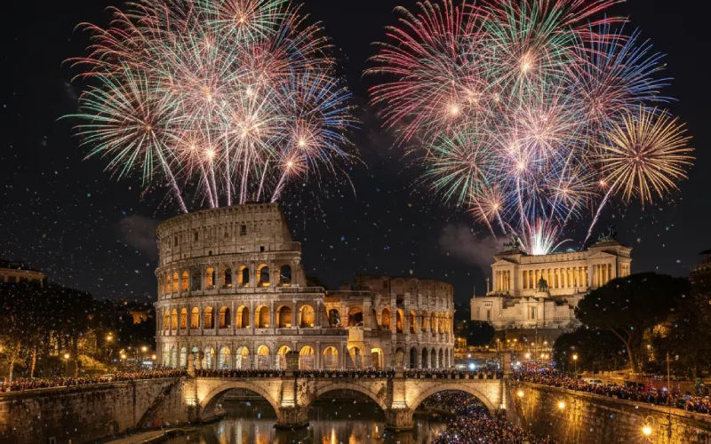 Colosseum at night with New Year's Eve fireworks and crowds