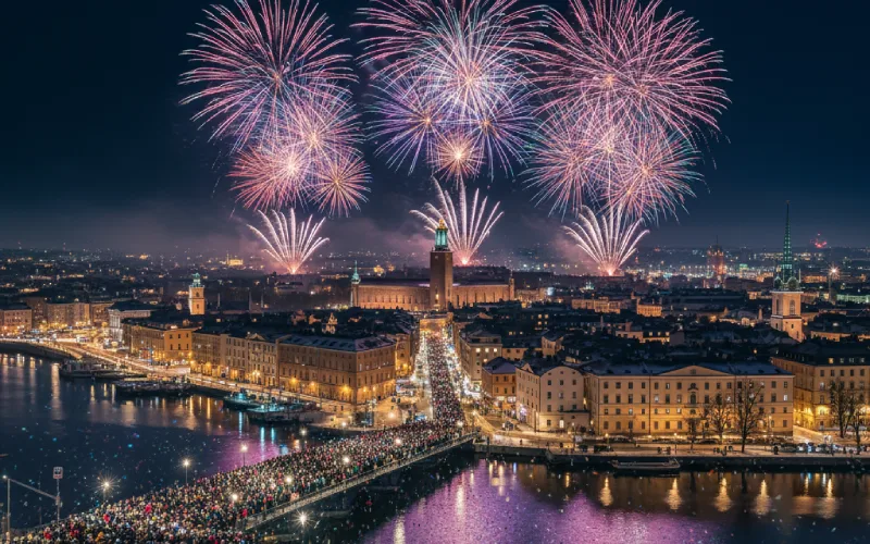 Stockholm skyline with New Year's Eve fireworks 