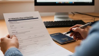 Person filling out Schengen visa extension form with passport on desk