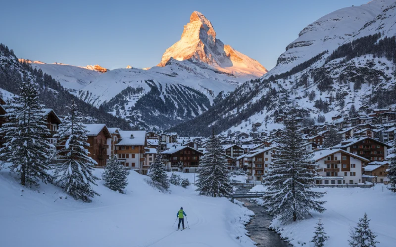 Skiing in snowy Zermatt, Matterhorn peak