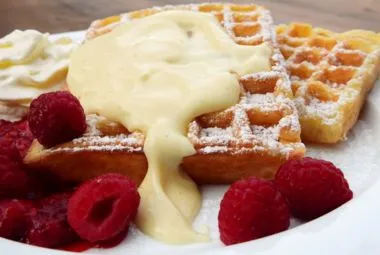 Plate of Waffles and Raspberries