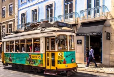 Yellow Snd White Tram , Lisbon, Portuga